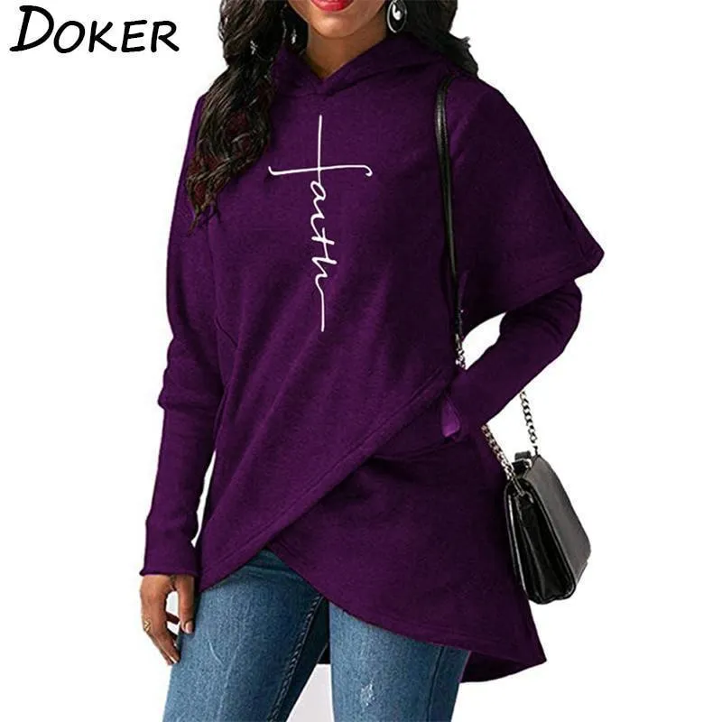 Autumn Hoodies Sweatshirts Women Long Sleeve Faith Embroidery Warm