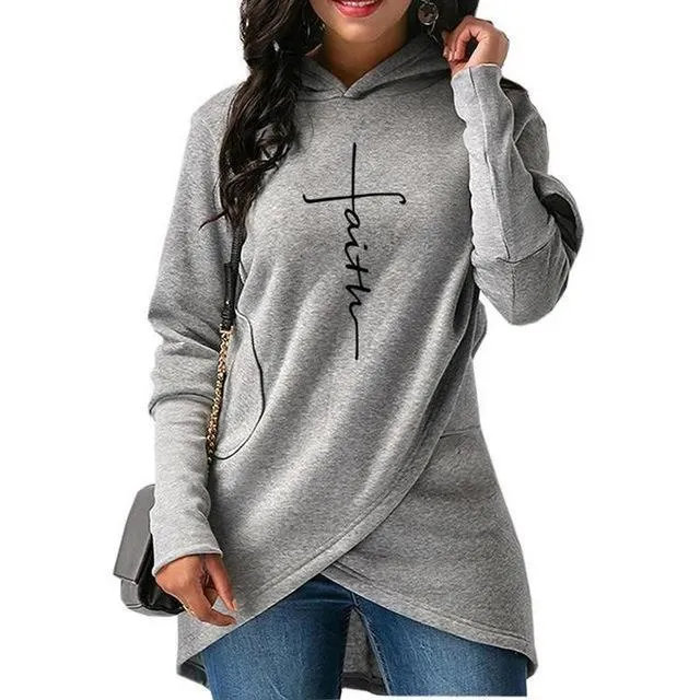 Autumn Hoodies Sweatshirts Women Long Sleeve Faith Embroidery Warm