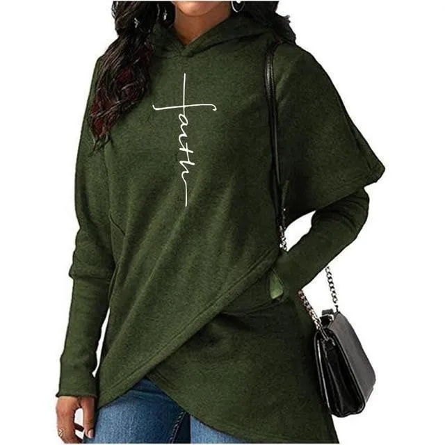 Autumn Hoodies Sweatshirts Women Long Sleeve Faith Embroidery Warm