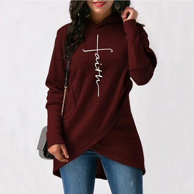 Autumn Hoodies Sweatshirts Women Long Sleeve Faith Embroidery Warm