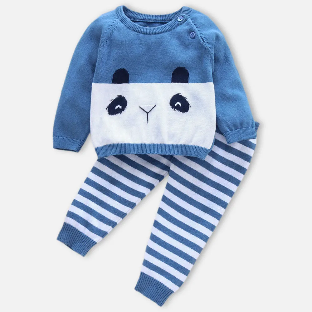 Blue Animal Theme Sweater With Striped Bottom