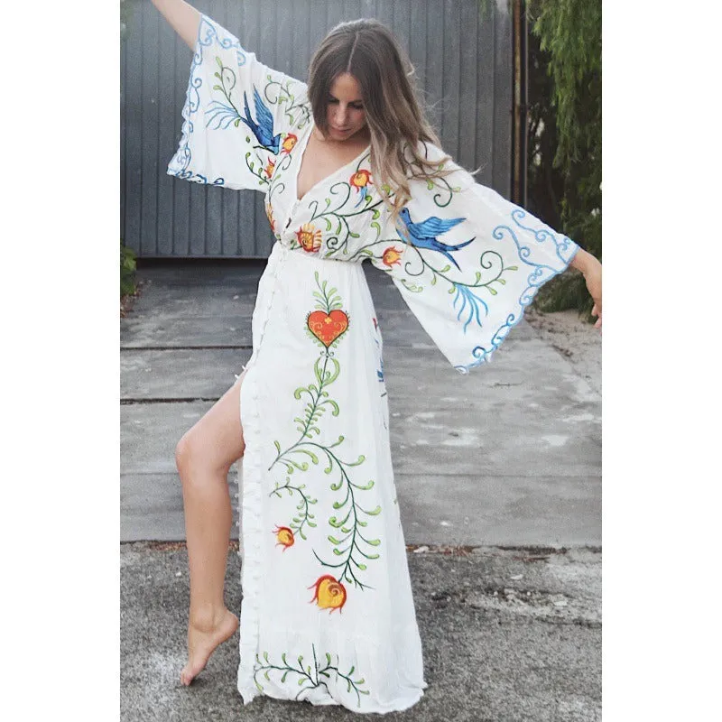 Boho Floral Embroidered Tie-Waist Maxi Dress