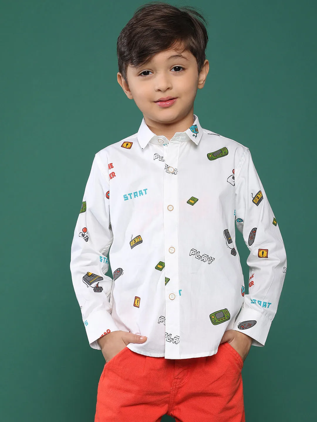 Boys White Printed Cotton Shirt