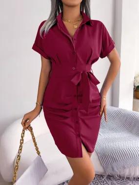 Button Down Ruched Tie Belt Dress