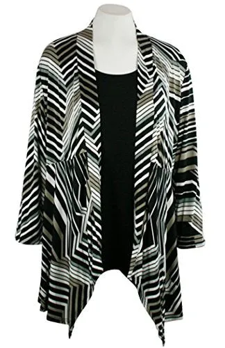 Caribe - Mocha, Grey, White Stripe, Trimmed, Long Sleeve Jacket - Duster