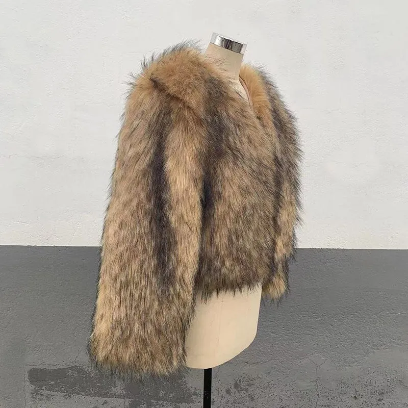 Faux Raccoon Fur V-Neck Long Sleeves Jacket