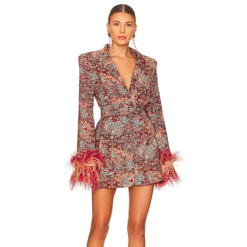 Floral Feather Long Sleeve Mini Blazer Dress