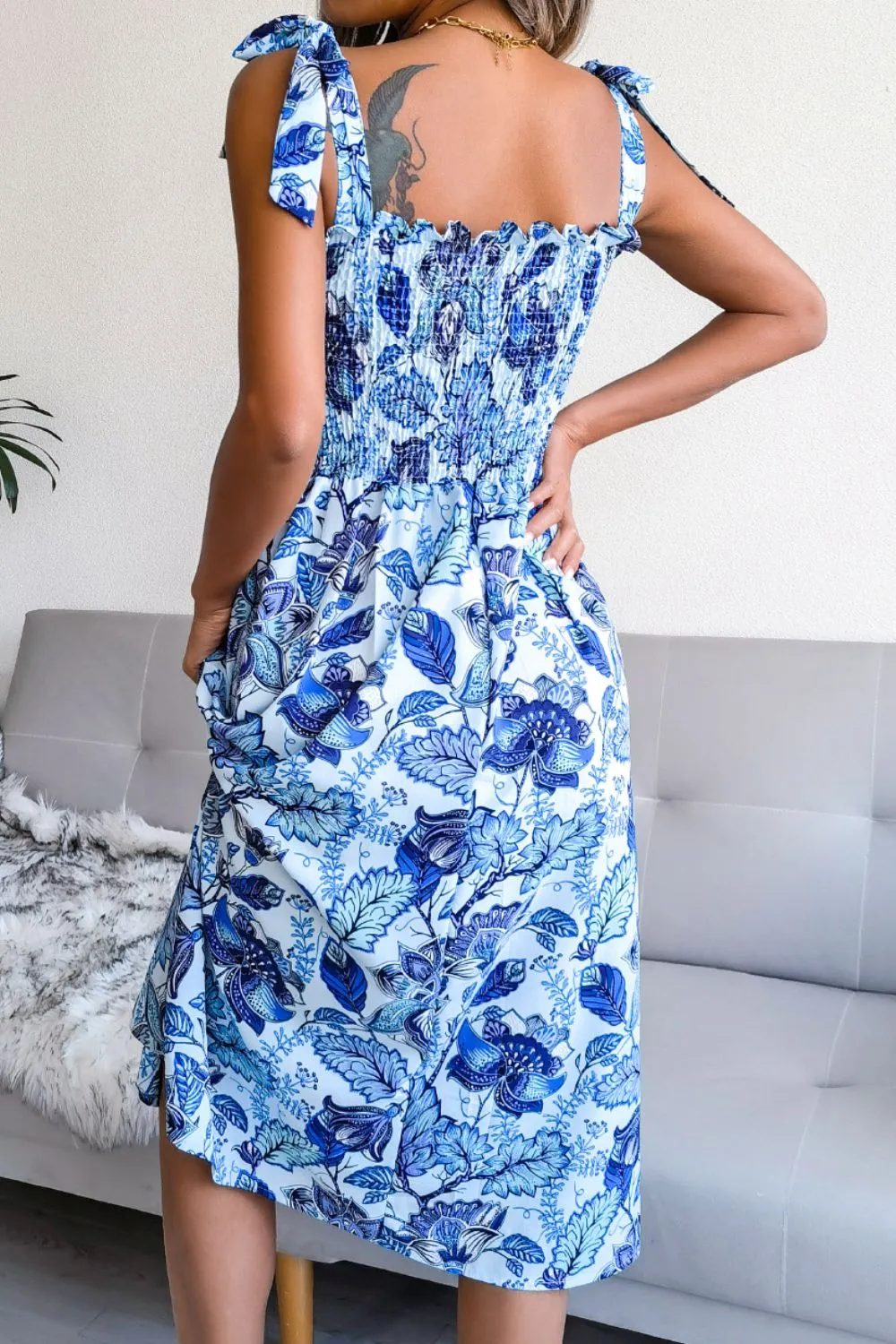 Floral Tie Shoulder Smocked Midi Dress