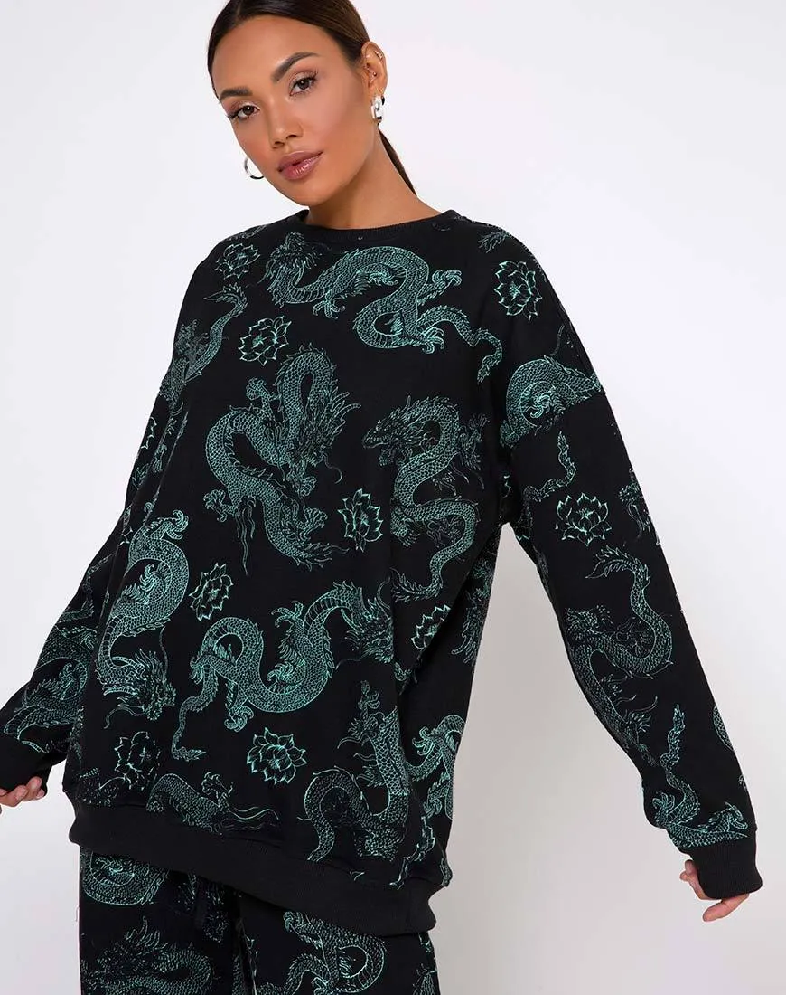 Glo Sweatshirt in Dragon Flower Black and Mint