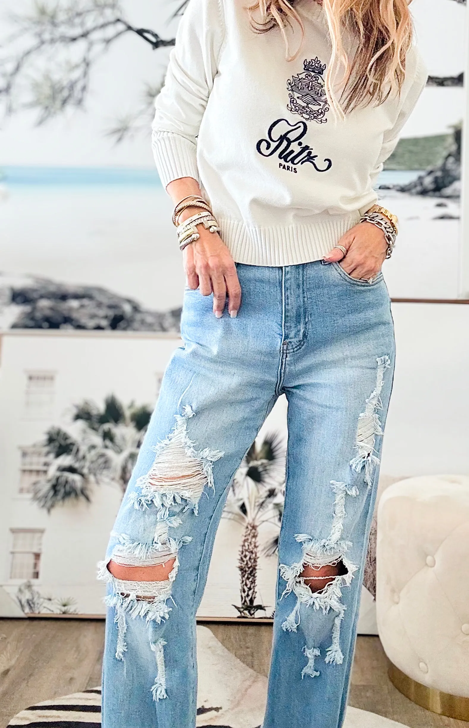 High Rised Wide Cut Leg Jeans-Torn