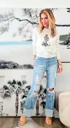 High Rised Wide Cut Leg Jeans-Torn