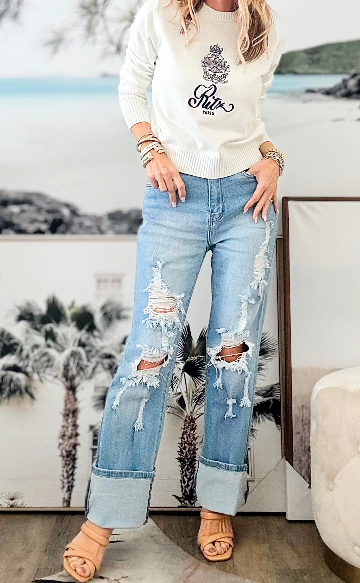 High Rised Wide Cut Leg Jeans-Torn