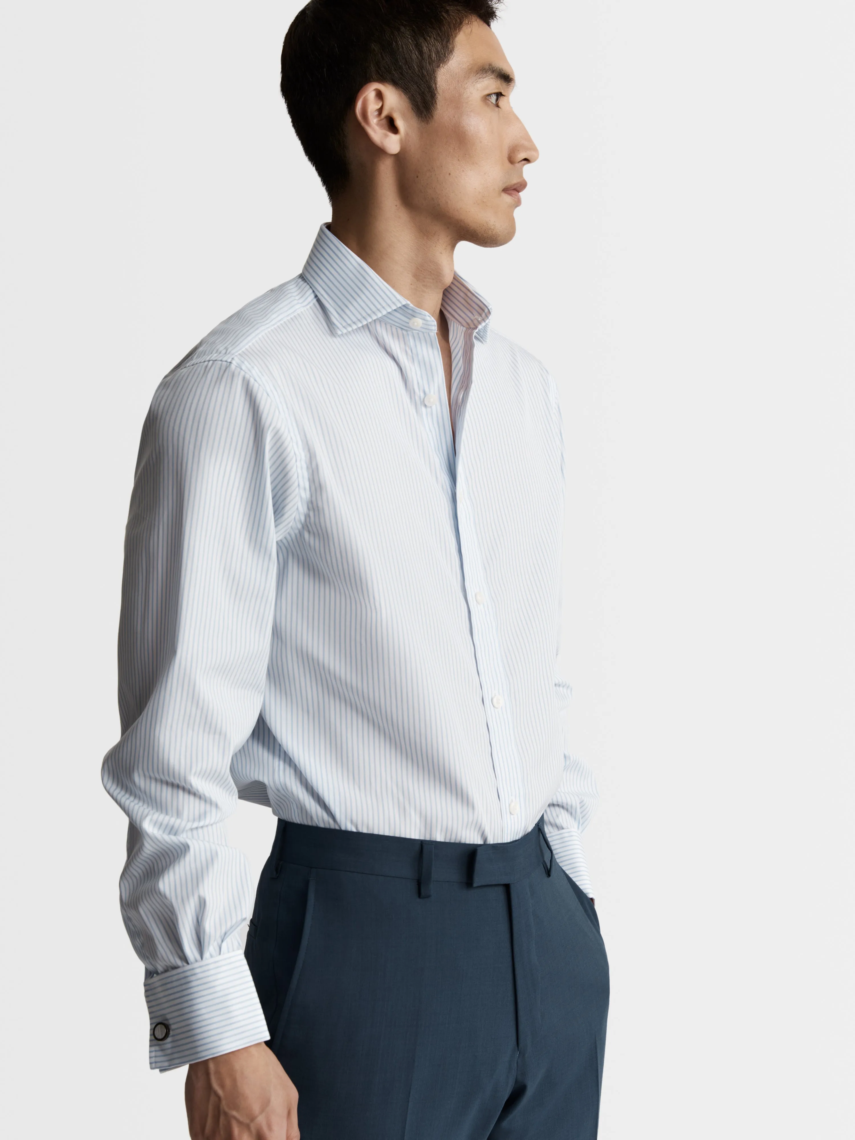 Light Blue Pencil Stripe Poplin Regular Fit Double Cuff Classic Collar Shirt