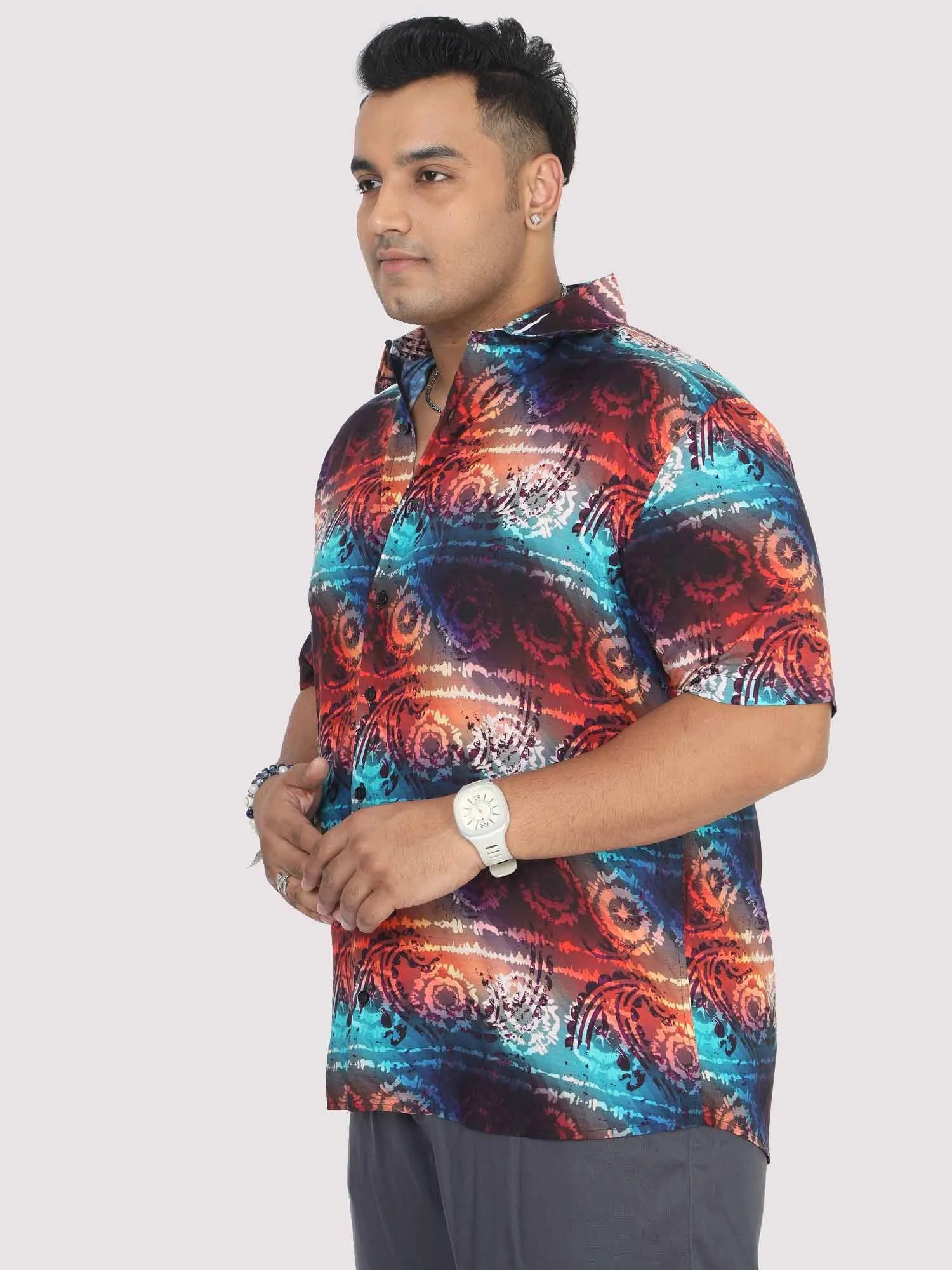 Men Plus Size Paisley Wheel Digital Printed Half Shirt