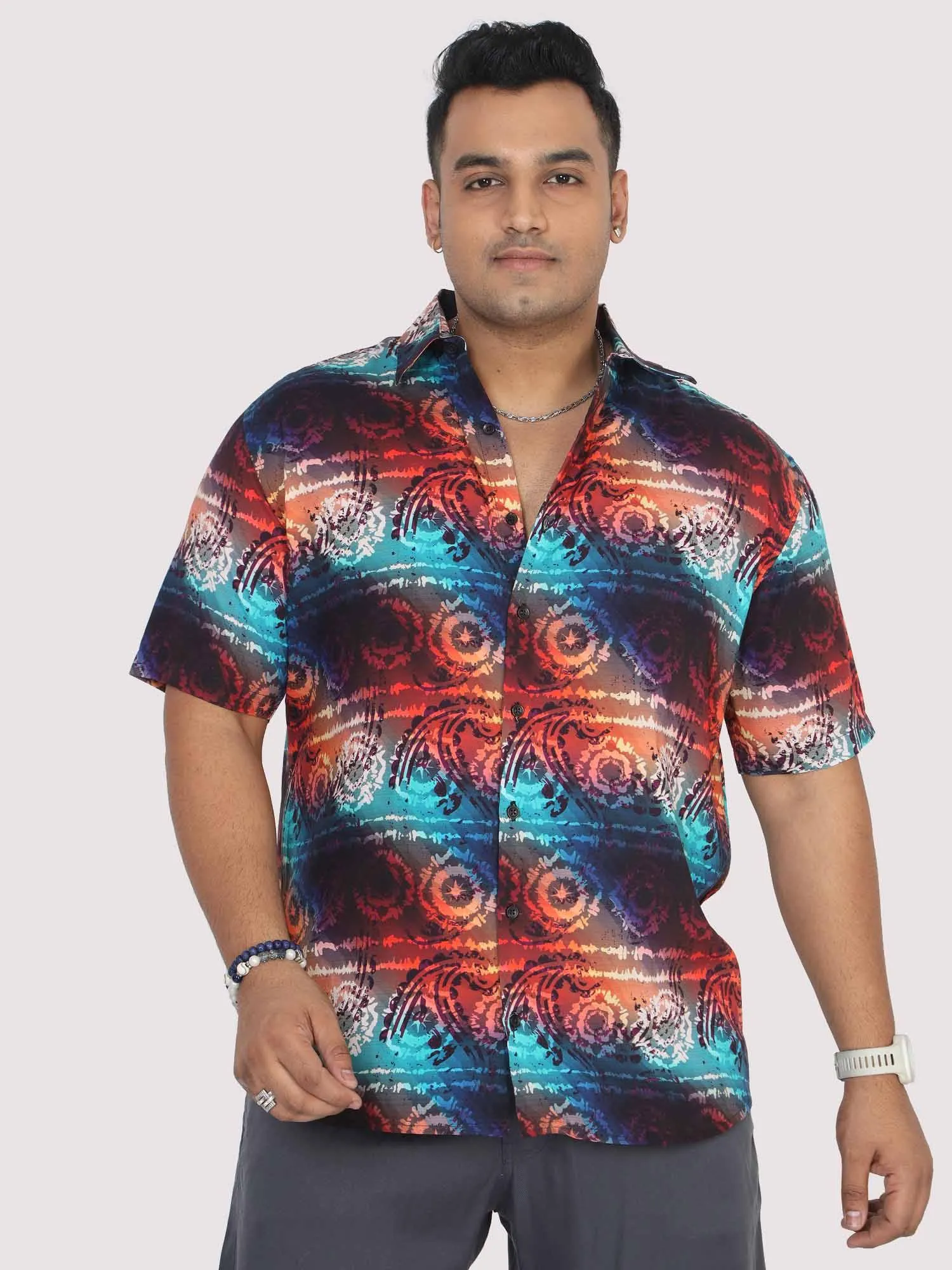 Men Plus Size Paisley Wheel Digital Printed Half Shirt