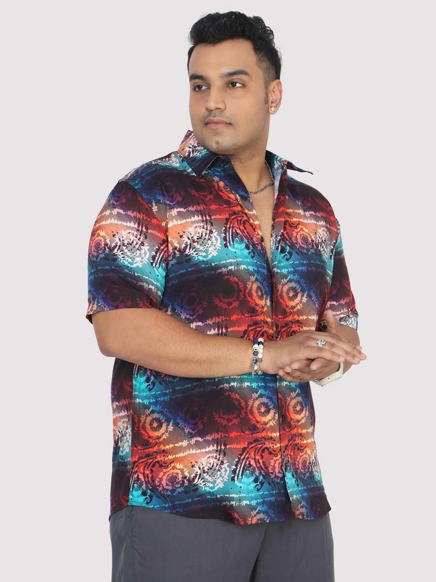 Men Plus Size Paisley Wheel Digital Printed Half Shirt