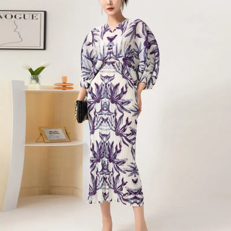 Miyake Pleated Printed Batwing Sleeve Midi Dress