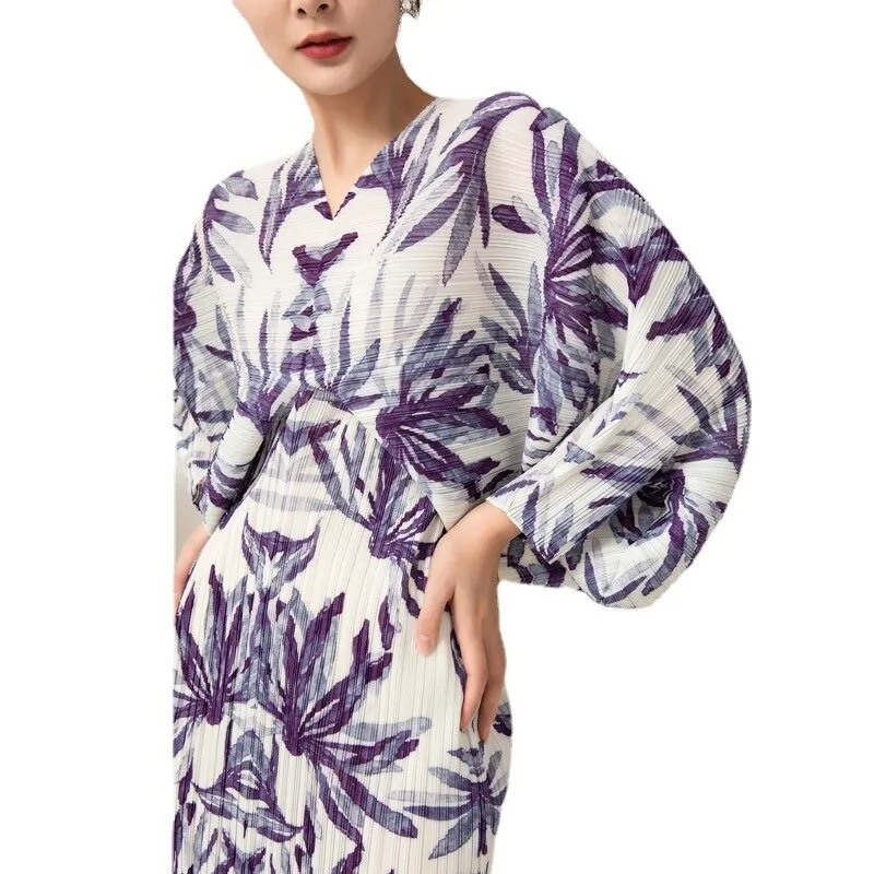 Miyake Pleated Printed Batwing Sleeve Midi Dress