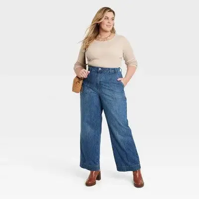 New - Universal Thread Women's High Waisted Wide Leg Cropped High-Rise Jeans, Medium Wash