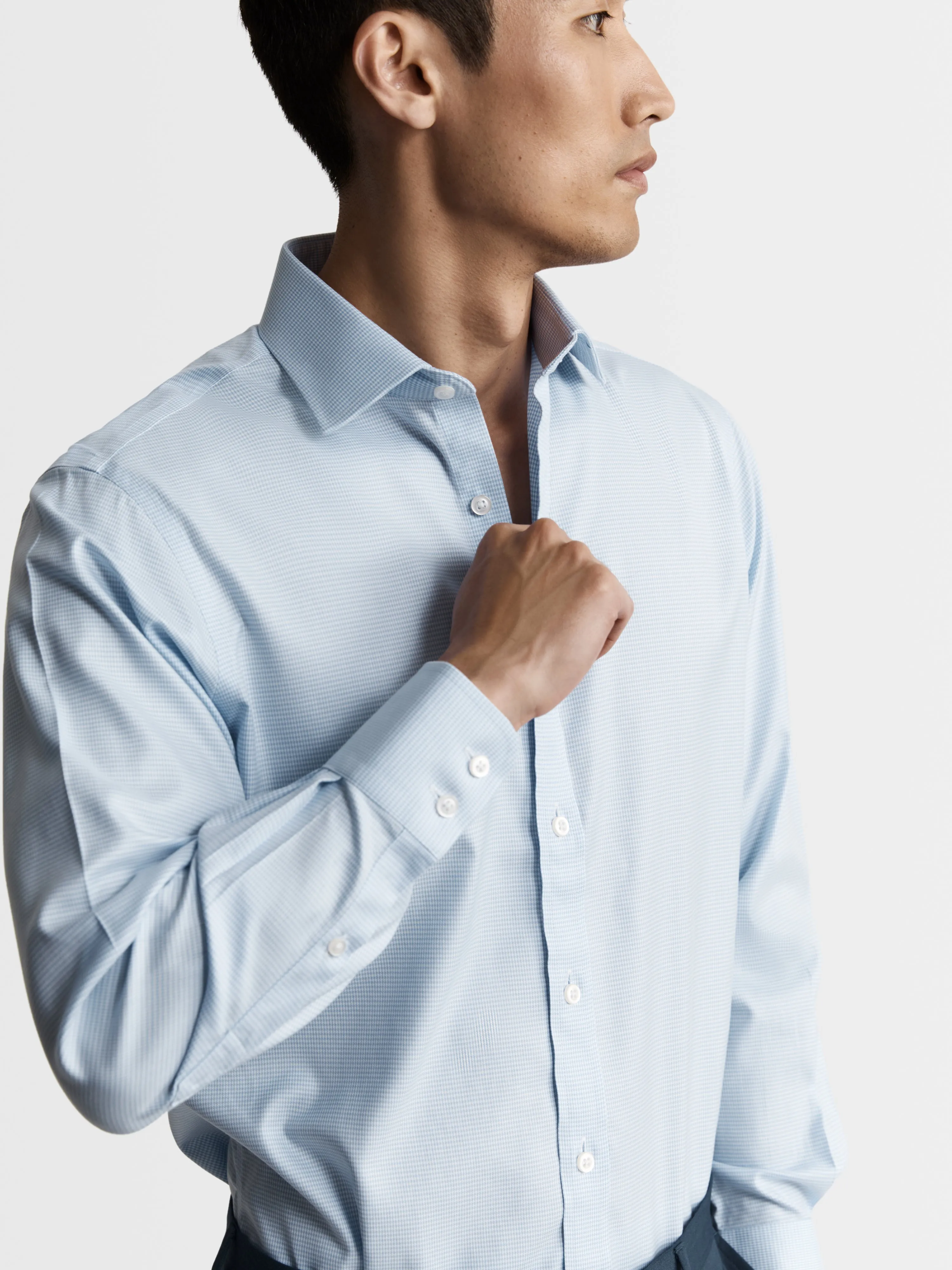 Non-Iron Light Blue Mini Dogtooth Plain Weave Super Fitted Single Cuff Classic Collar Shirt