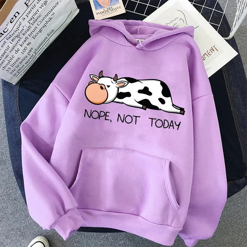 Nope Not Today Kawaii Women Sweatshirts 2021 Spring Autumn Women's Pullovers Hoodie Funny Cows Print Hoodies Hip Hop Streetwear