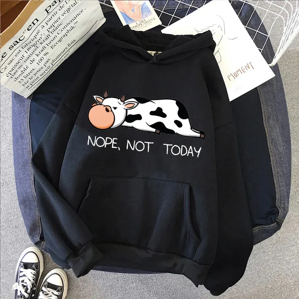 Nope Not Today Kawaii Women Sweatshirts 2021 Spring Autumn Women's Pullovers Hoodie Funny Cows Print Hoodies Hip Hop Streetwear