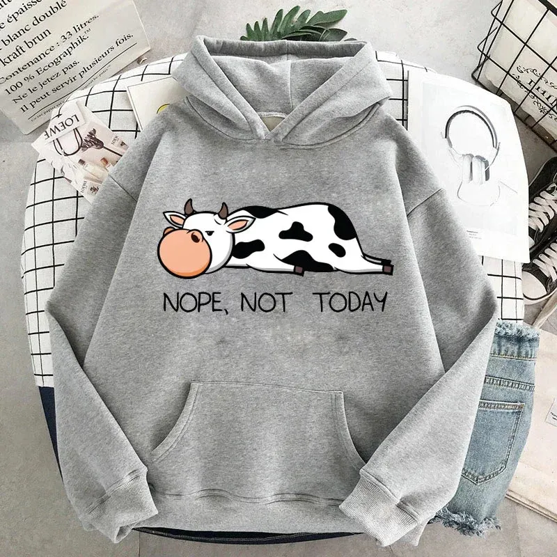 Nope Not Today Kawaii Women Sweatshirts 2021 Spring Autumn Women's Pullovers Hoodie Funny Cows Print Hoodies Hip Hop Streetwear