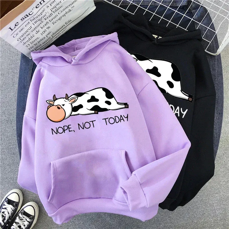 Nope Not Today Kawaii Women Sweatshirts 2021 Spring Autumn Women's Pullovers Hoodie Funny Cows Print Hoodies Hip Hop Streetwear