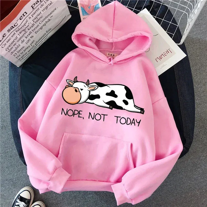 Nope Not Today Kawaii Women Sweatshirts 2021 Spring Autumn Women's Pullovers Hoodie Funny Cows Print Hoodies Hip Hop Streetwear