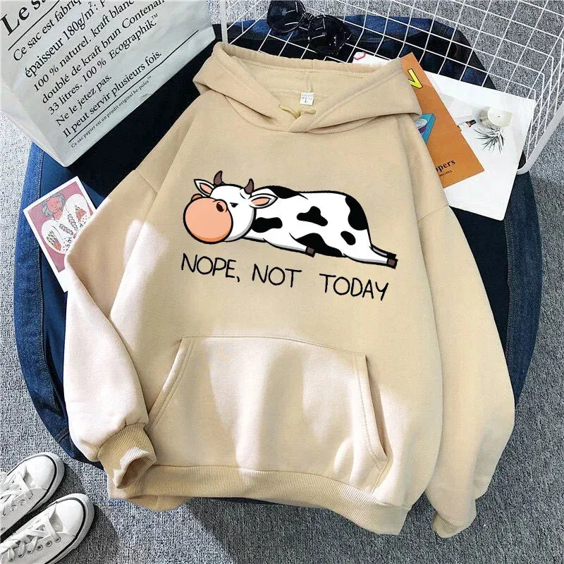 Nope Not Today Kawaii Women Sweatshirts 2021 Spring Autumn Women's Pullovers Hoodie Funny Cows Print Hoodies Hip Hop Streetwear