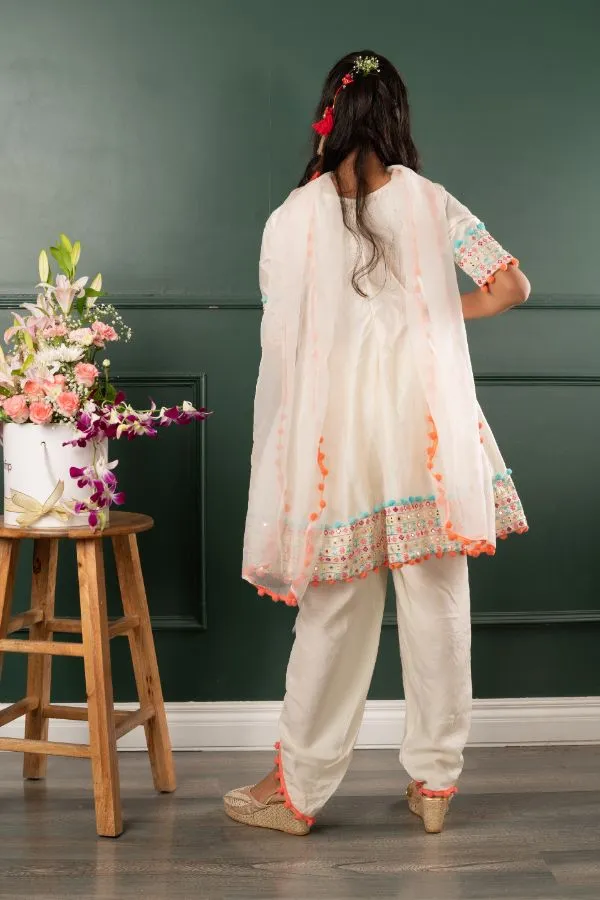 Off white Embroidered kurta with enhanced border on kurta and dhoti