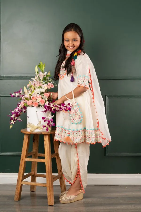 Off white Embroidered kurta with enhanced border on kurta and dhoti