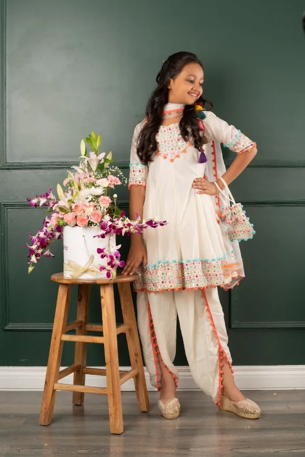 Off white Embroidered kurta with enhanced border on kurta and dhoti