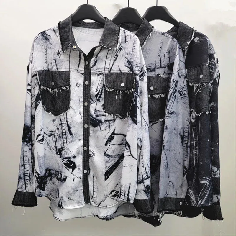 Pre Order: Printed Loose Denim Splice Casual Shirt