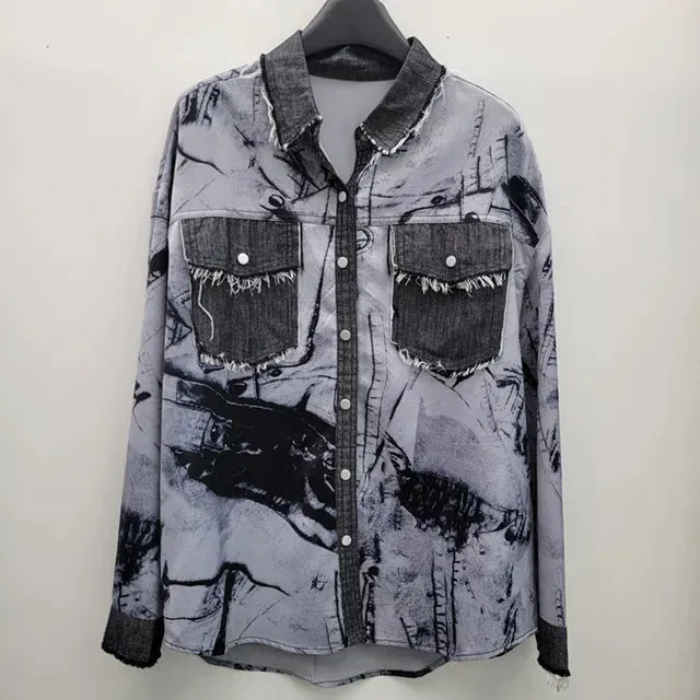 Pre Order: Printed Loose Denim Splice Casual Shirt