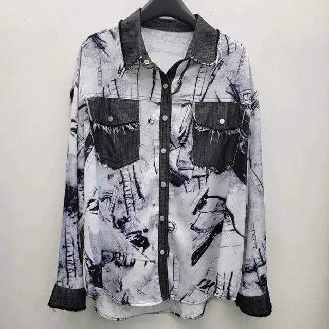 Pre Order: Printed Loose Denim Splice Casual Shirt