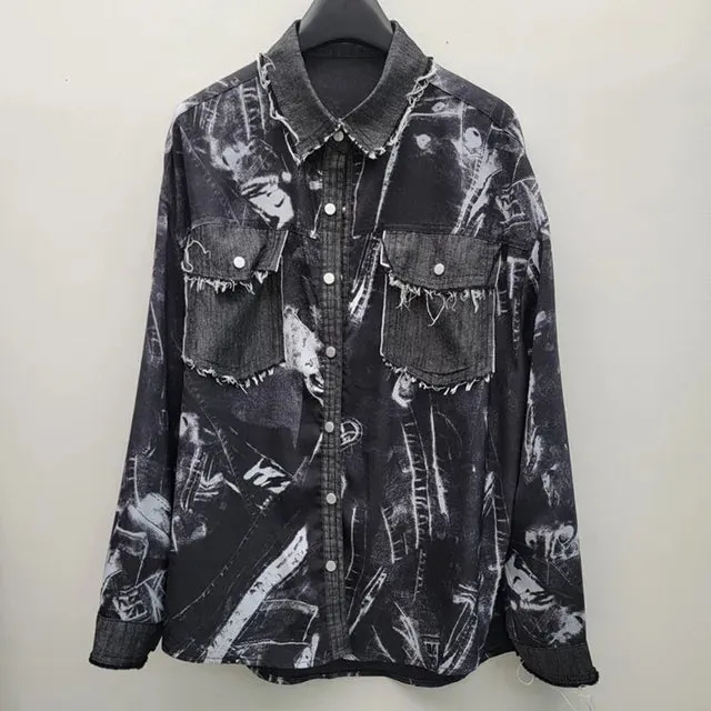 Pre Order: Printed Loose Denim Splice Casual Shirt