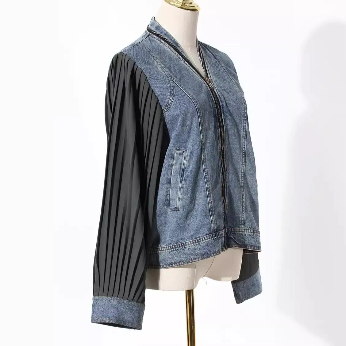 Pre Order:  Spliced Pleated Sleeve Denim Shirt