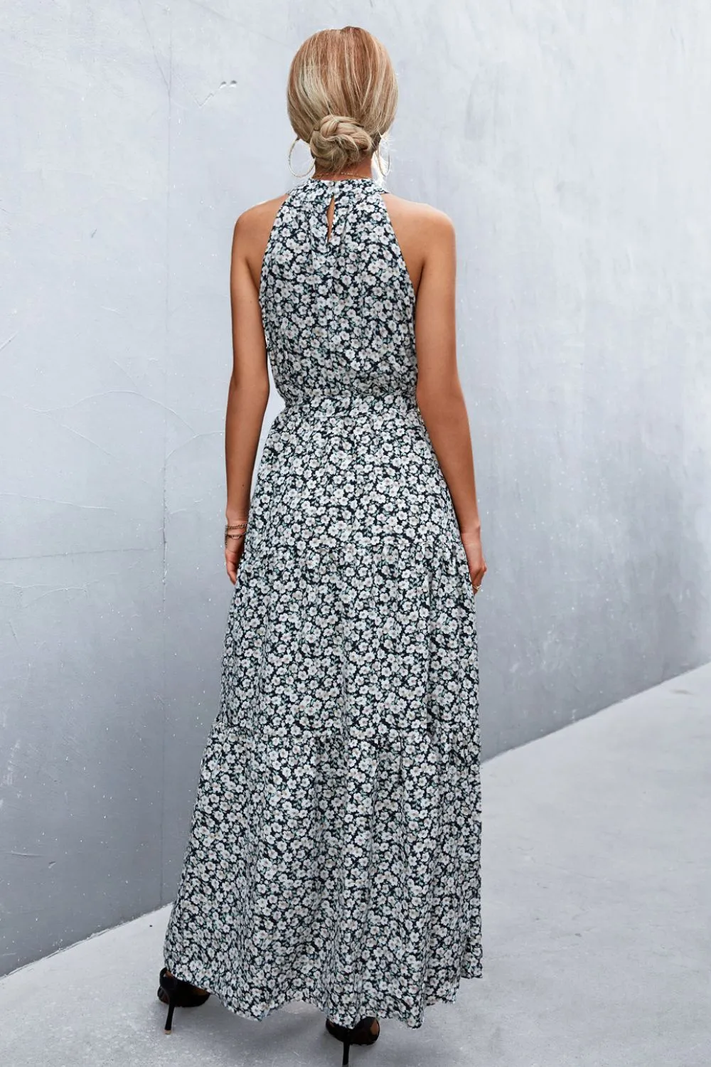 Printed Sleeveless Tie Waist Maxi Dress