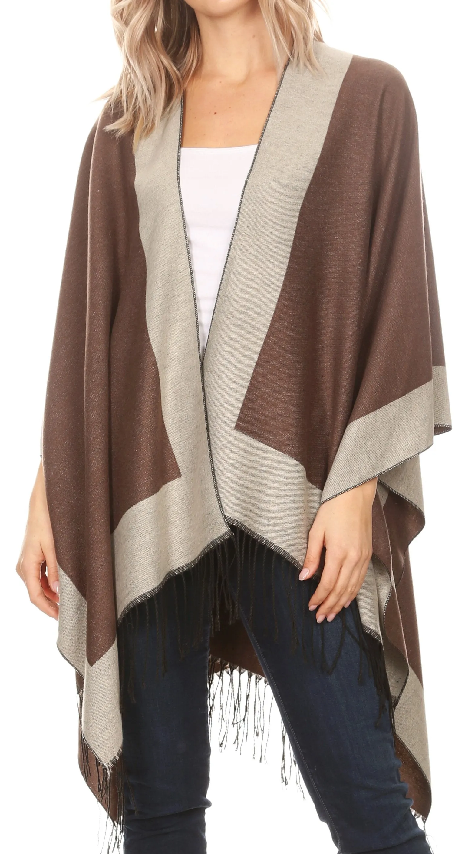 Sakkas Avi Women's Reversible Open Front Poncho Cardigan Ruana Cape Shawl W/Fringe