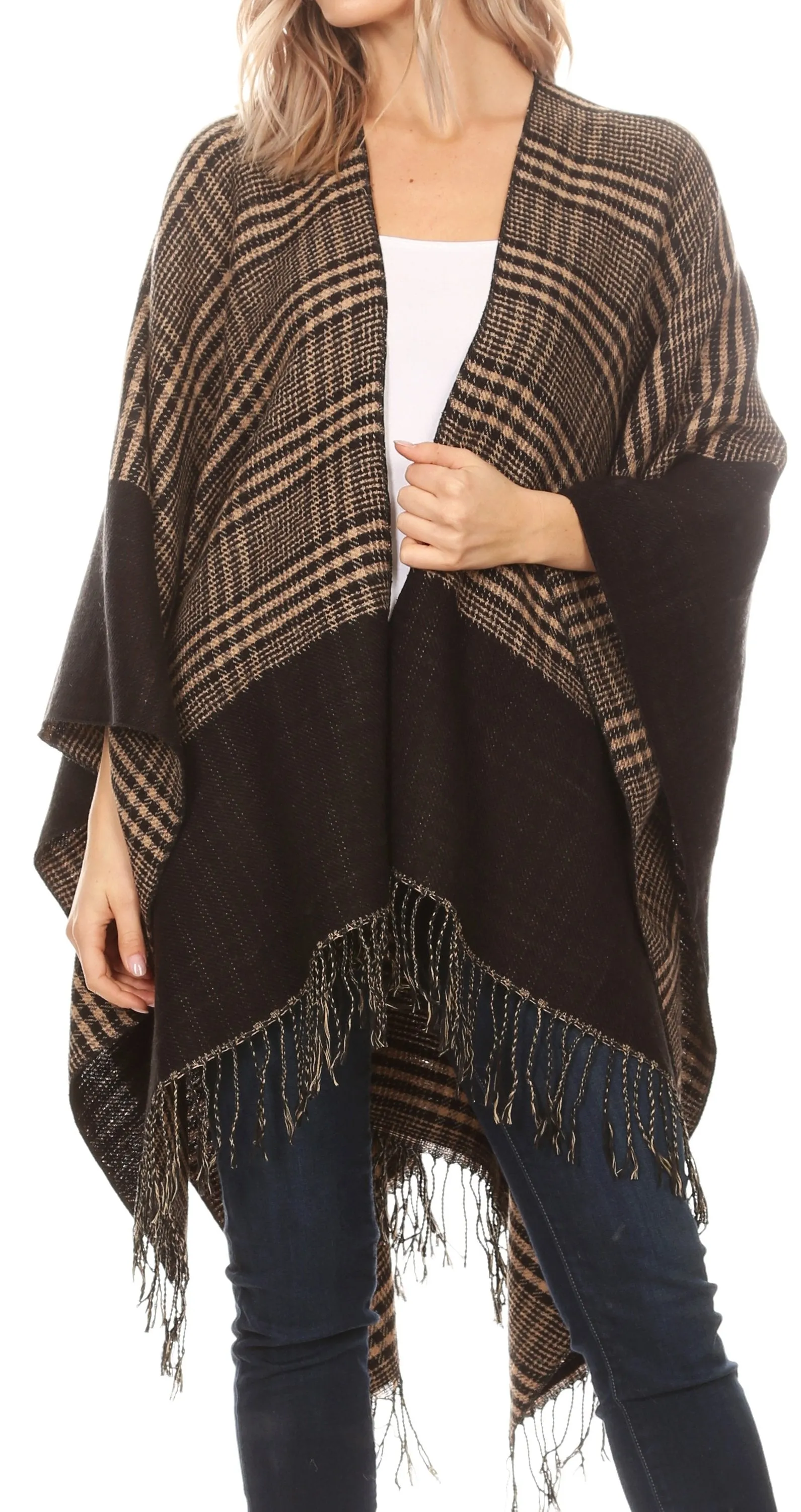 Sakkas Avi Women's Reversible Open Front Poncho Cardigan Ruana Cape Shawl W/Fringe