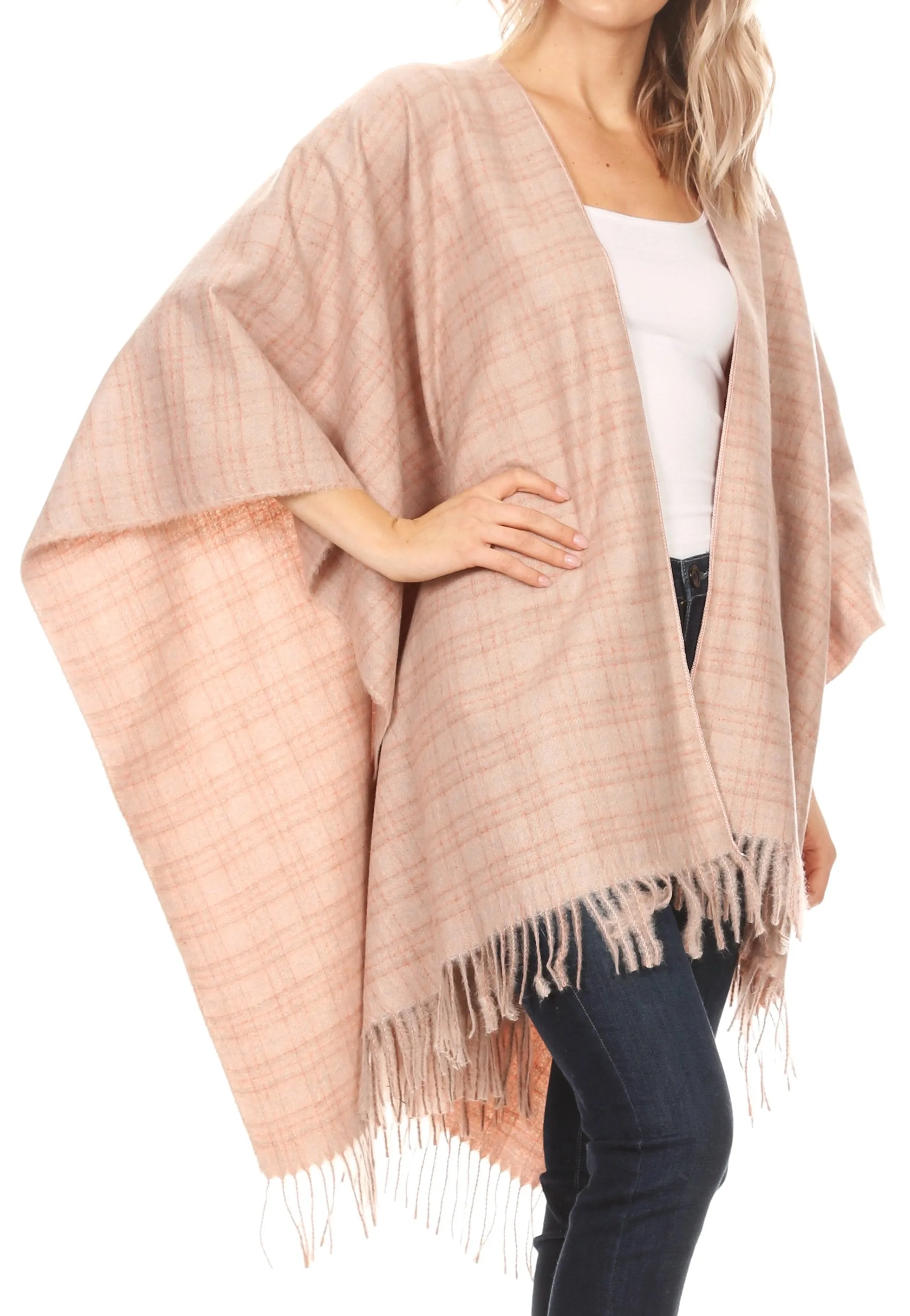 Sakkas Avi Women's Reversible Open Front Poncho Cardigan Ruana Cape Shawl W/Fringe