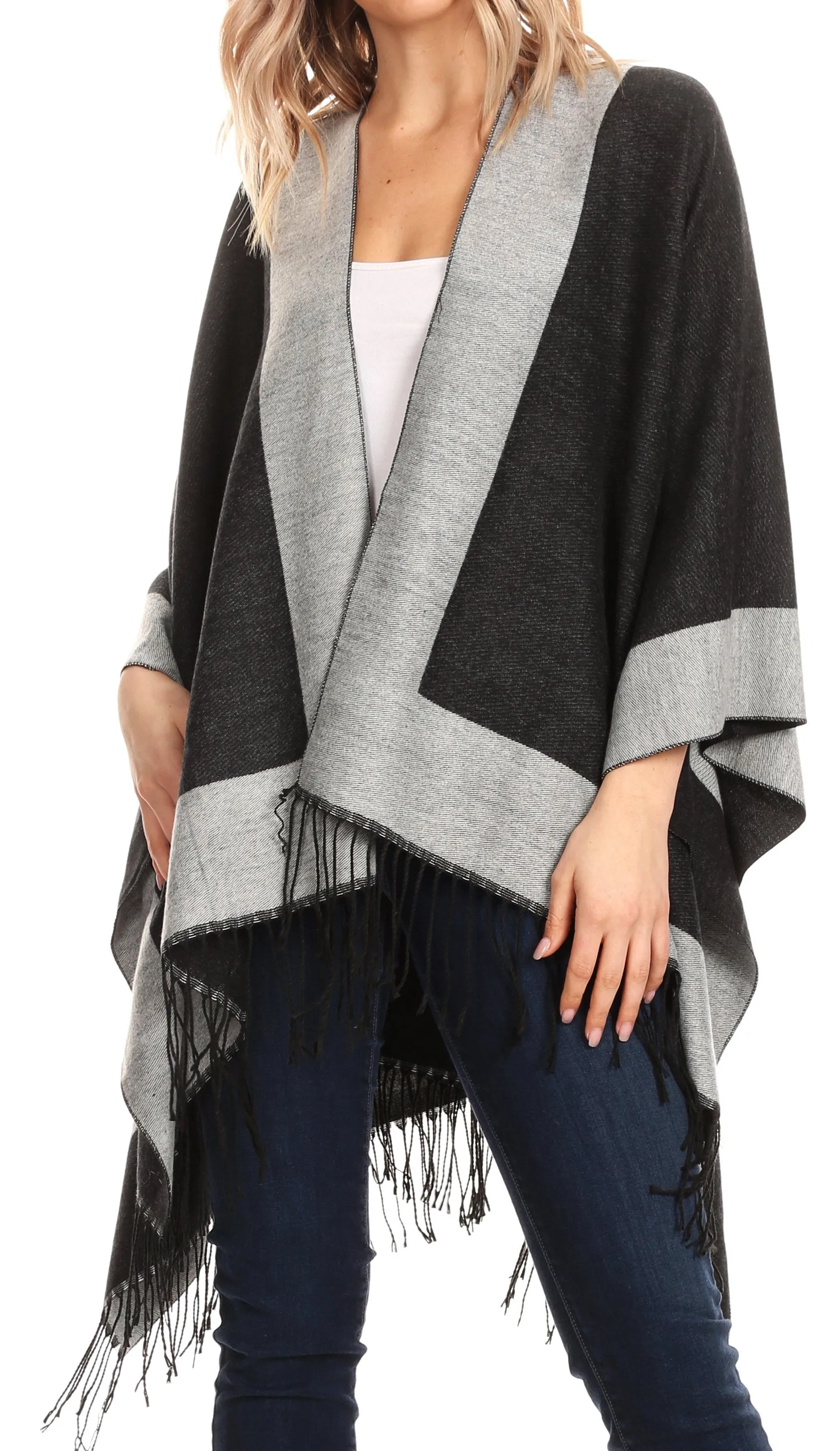 Sakkas Avi Women's Reversible Open Front Poncho Cardigan Ruana Cape Shawl W/Fringe