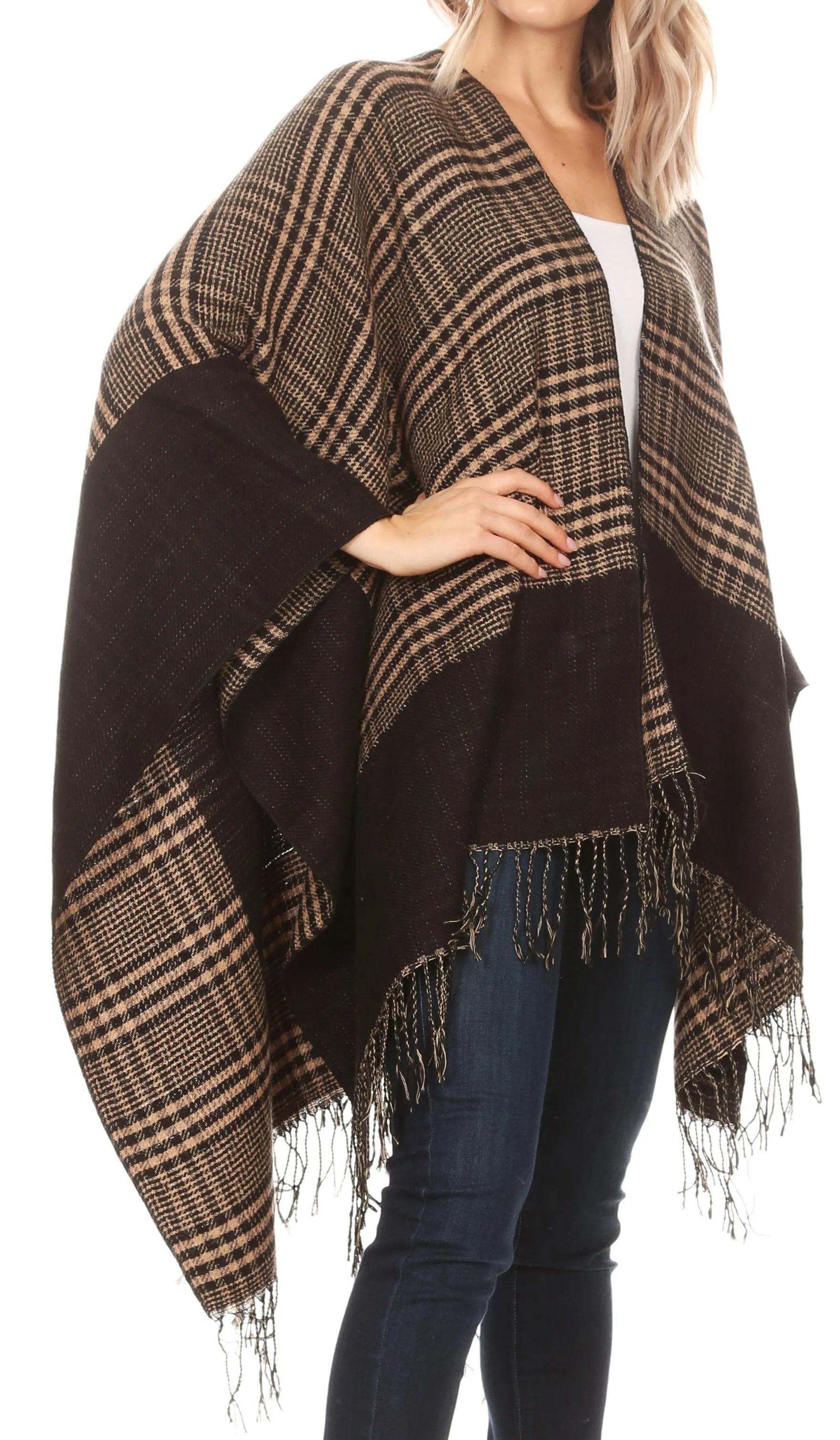 Sakkas Avi Women's Reversible Open Front Poncho Cardigan Ruana Cape Shawl W/Fringe