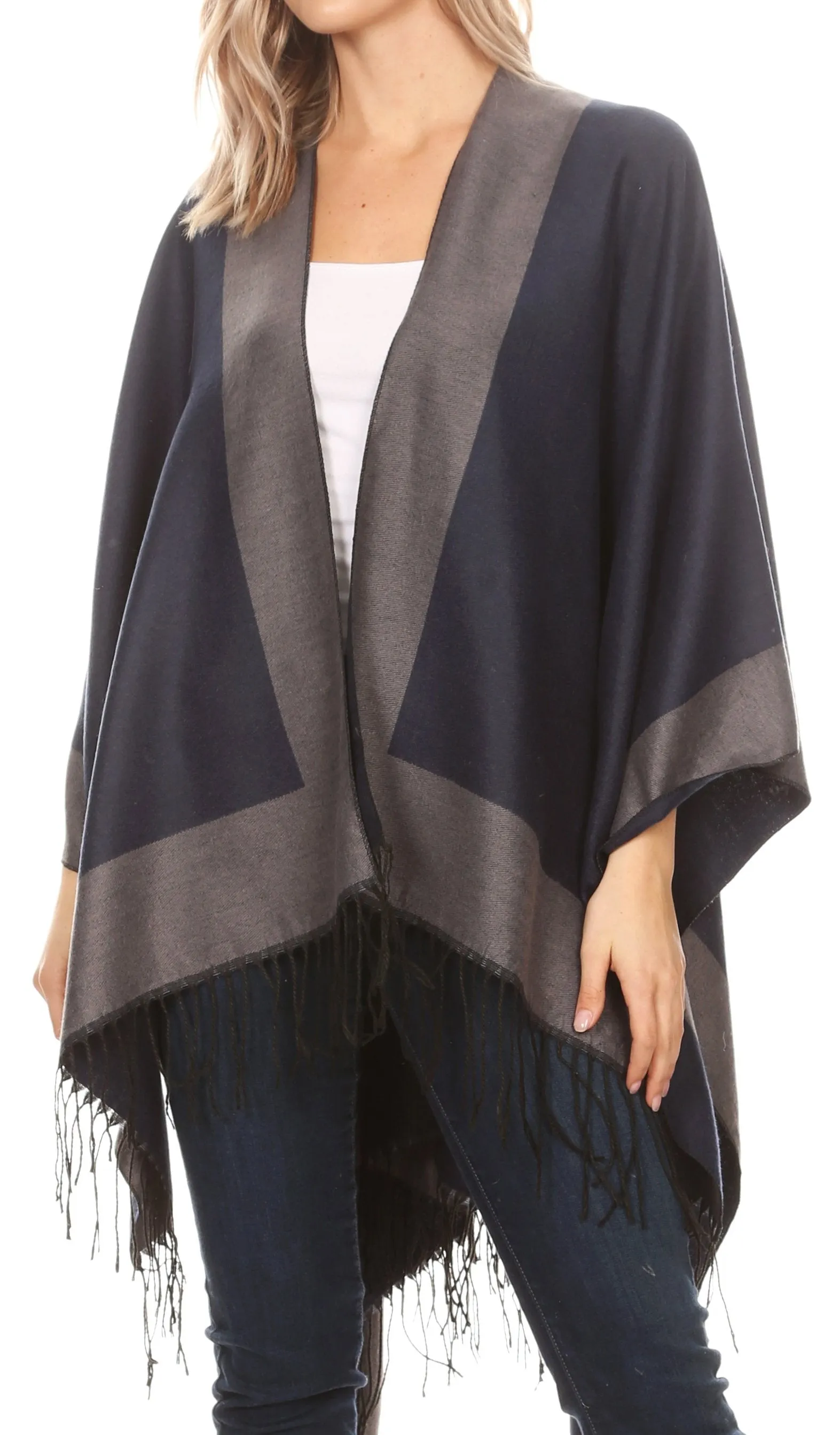 Sakkas Avi Women's Reversible Open Front Poncho Cardigan Ruana Cape Shawl W/Fringe