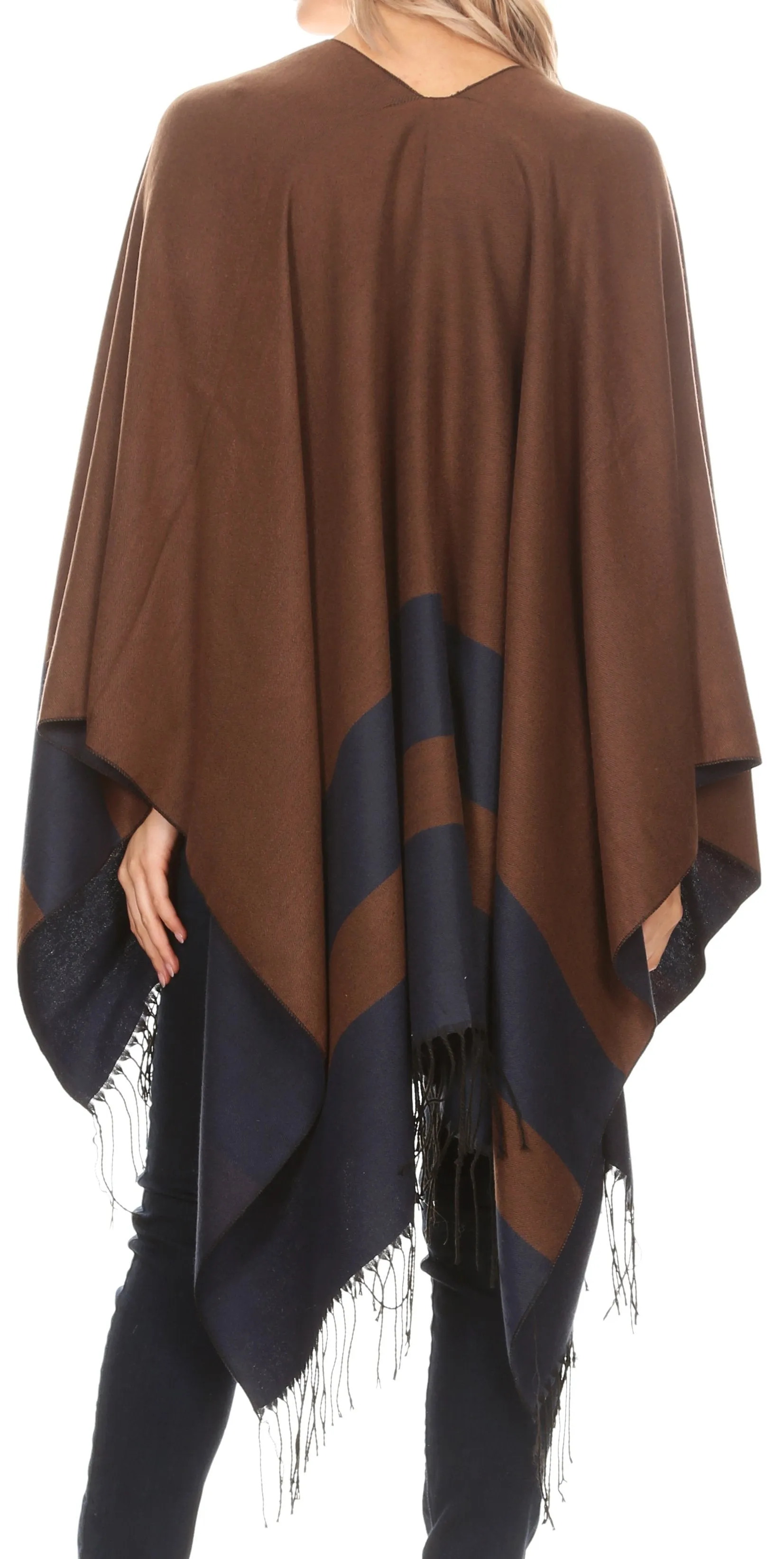 Sakkas Avi Women's Reversible Open Front Poncho Cardigan Ruana Cape Shawl W/Fringe