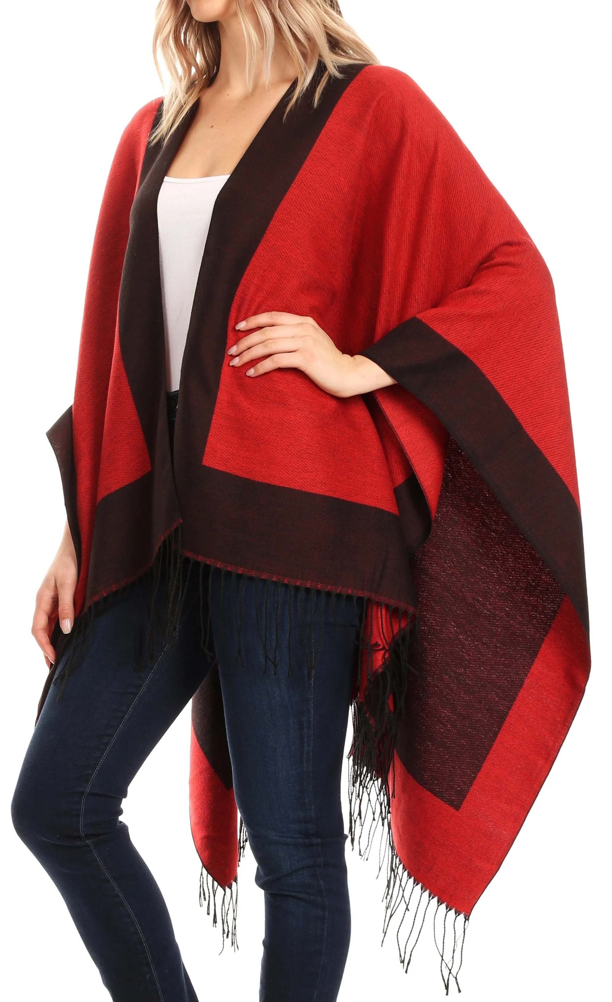 Sakkas Avi Women's Reversible Open Front Poncho Cardigan Ruana Cape Shawl W/Fringe