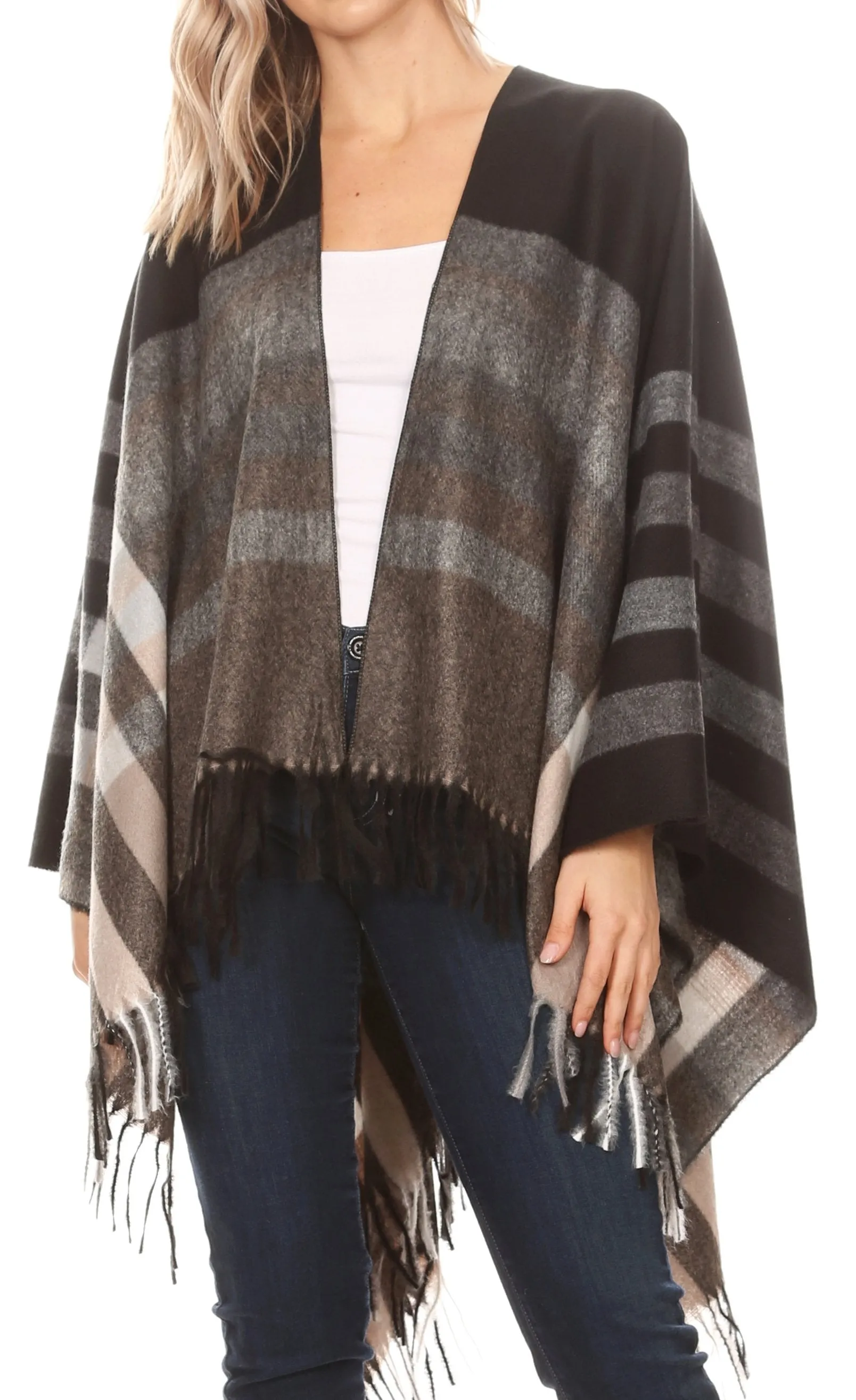 Sakkas Avi Women's Reversible Open Front Poncho Cardigan Ruana Cape Shawl W/Fringe