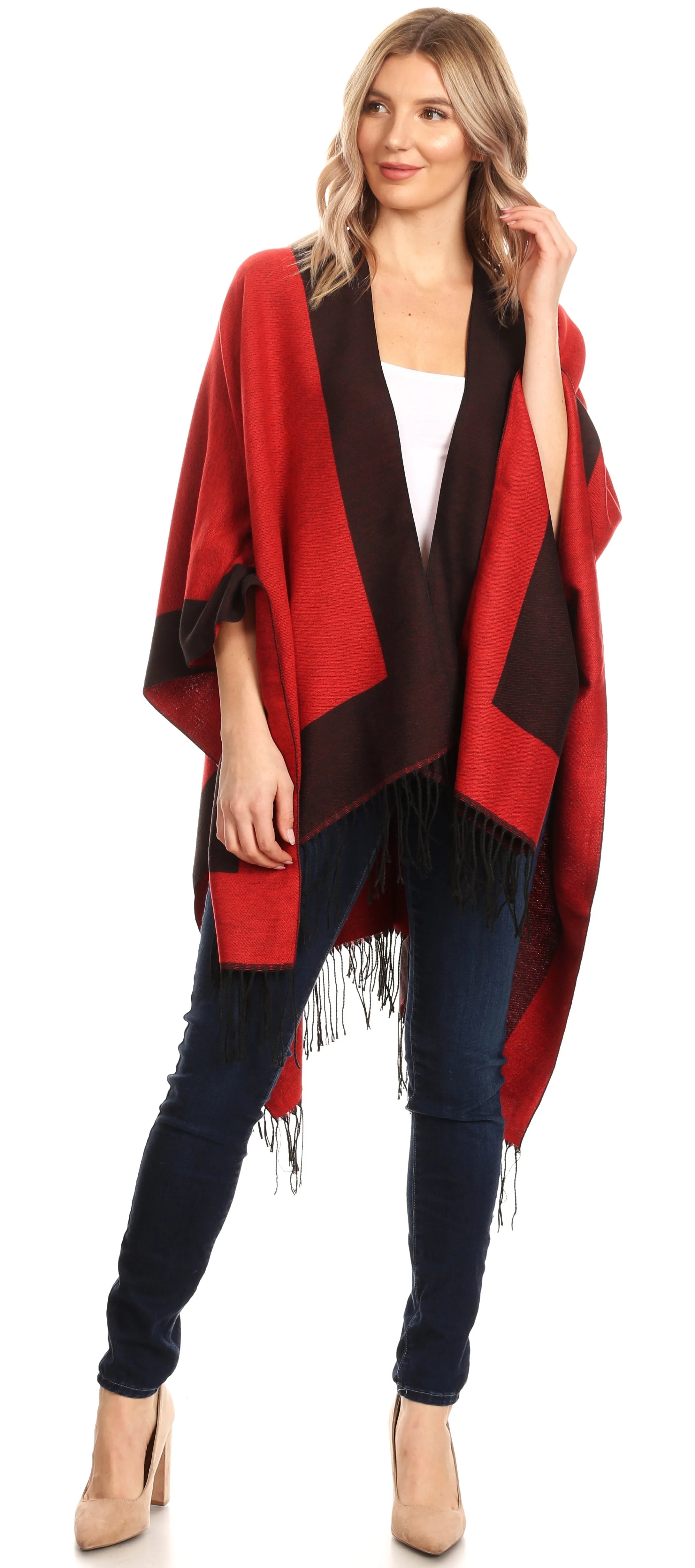 Sakkas Avi Women's Reversible Open Front Poncho Cardigan Ruana Cape Shawl W/Fringe