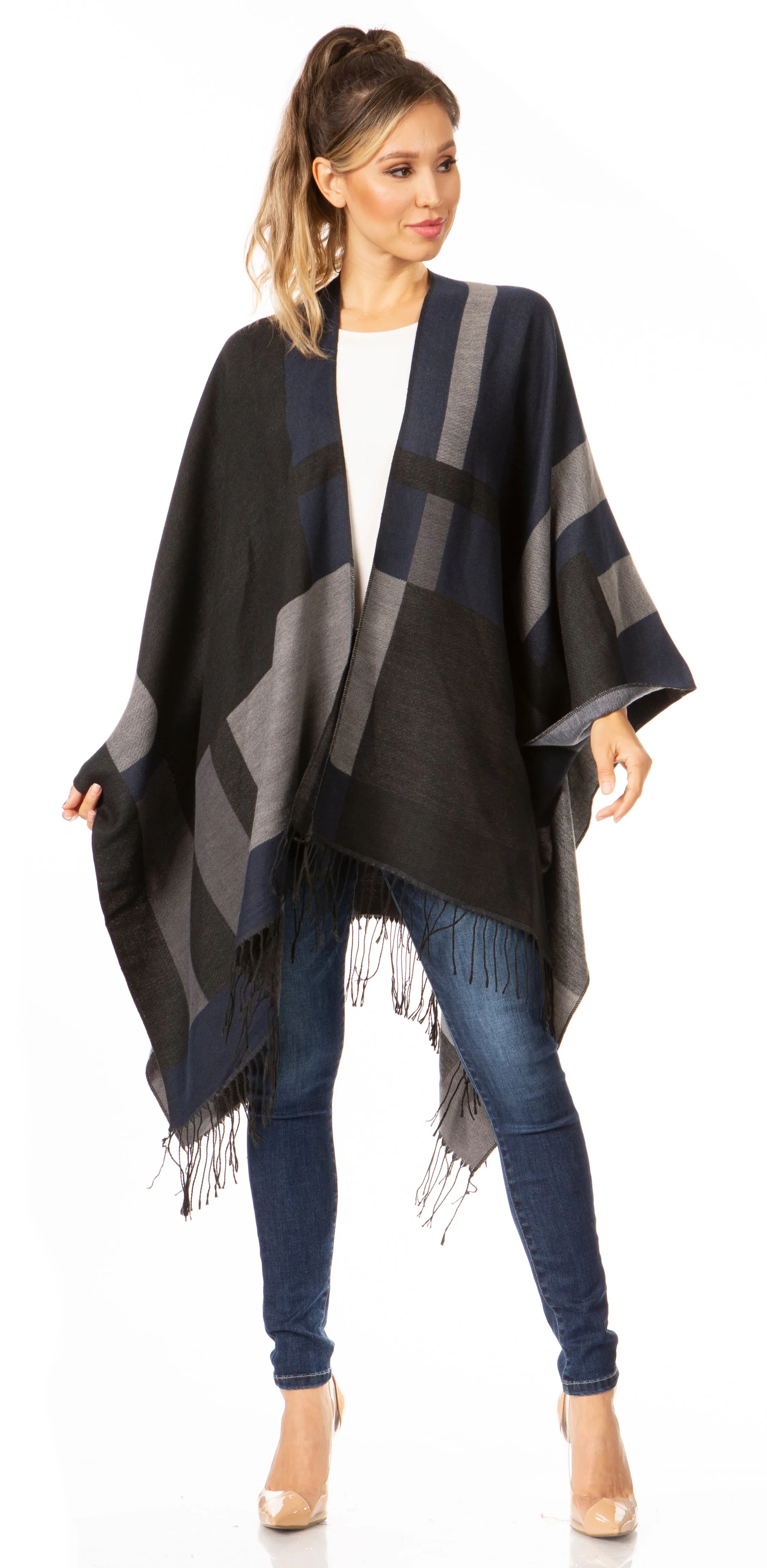 Sakkas Avi Women's Reversible Open Front Poncho Cardigan Ruana Cape Shawl W/Fringe